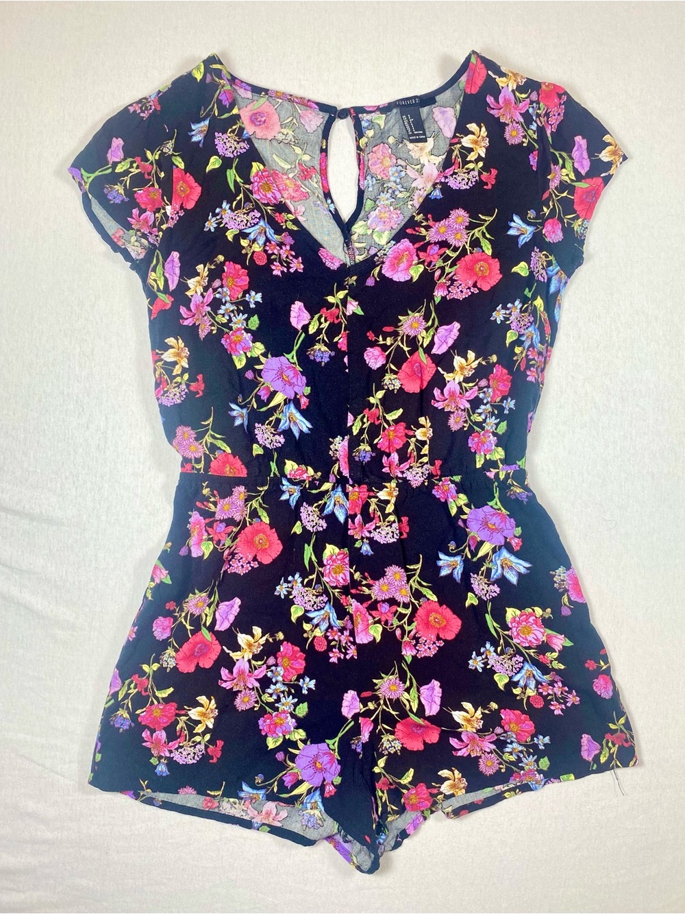Forever 21 Black Multicolor Floral V Neck Short Sleeve Romper S